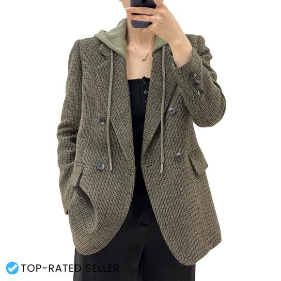 Oversized Hooded Blazer Jacket Double Breasted Loose Fit Work Office Chic